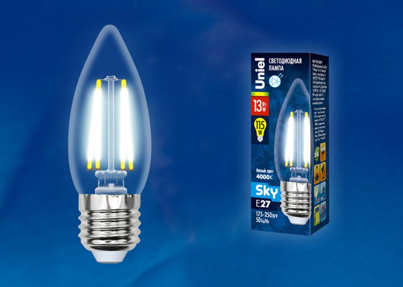 Лампа светодиодная LED-C35-13W/4000K/E27/CL PLS02WH LED. "свеча", прозр. Серия Sky. 4000К .