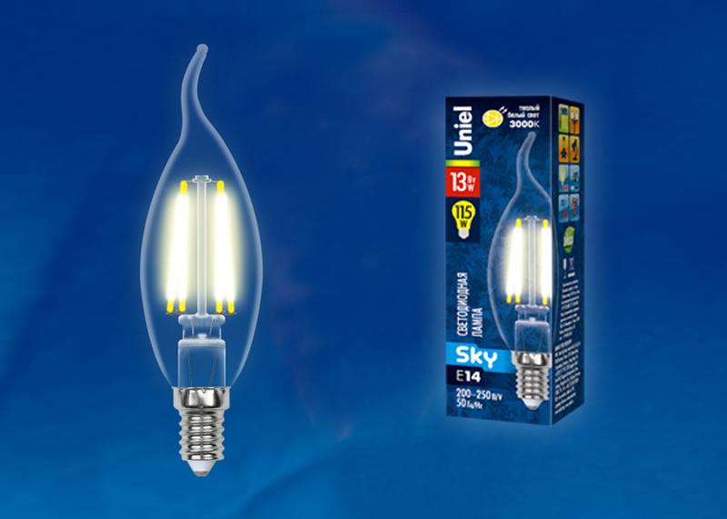 Лампа светодиодная LED-CW35-13W/3000K/E14/CL PLS02WH LED. "свеча на ветру", прозр. Серия Sky. 3000К .
