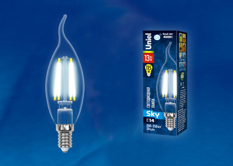 Лампа светодиодная LED-CW35-13W/4000K/E14/CL PLS02WH LED. "свеча на ветру", прозр. Серия Sky. 4000К .