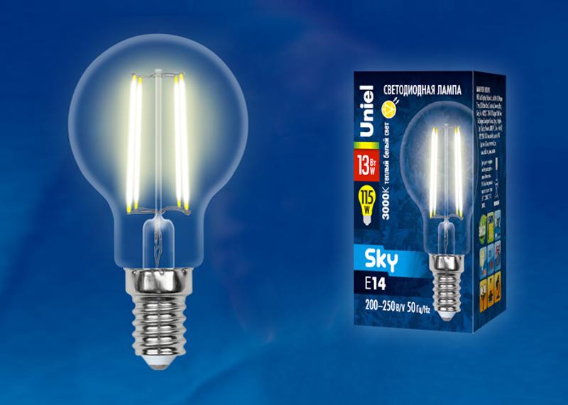 Лампа светодиодная LED-G45-13W/3000K/E14/CL PLS02WH LED. "шар", прозр. 3000К Серия Sky