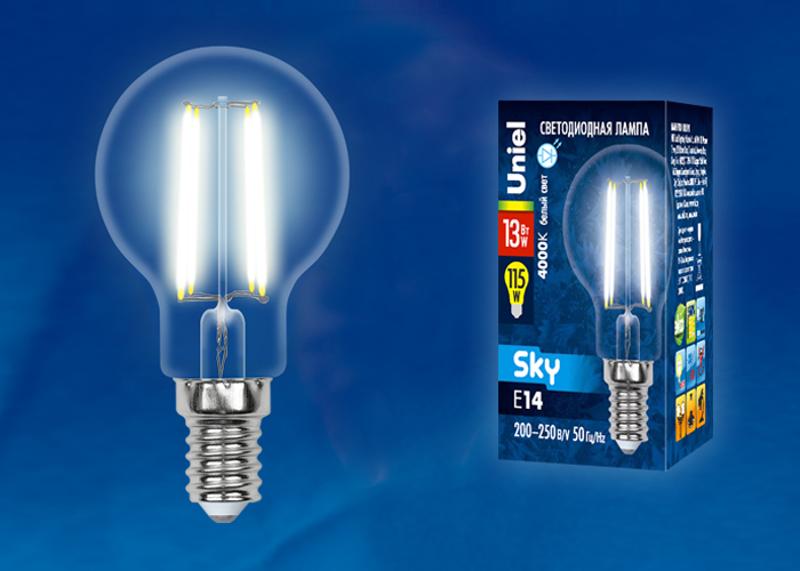 Лампа светодиодная LED-G45-13W/4000K/E14/CL PLS02WH LED. "шар", прозр. 4000К Серия Sky