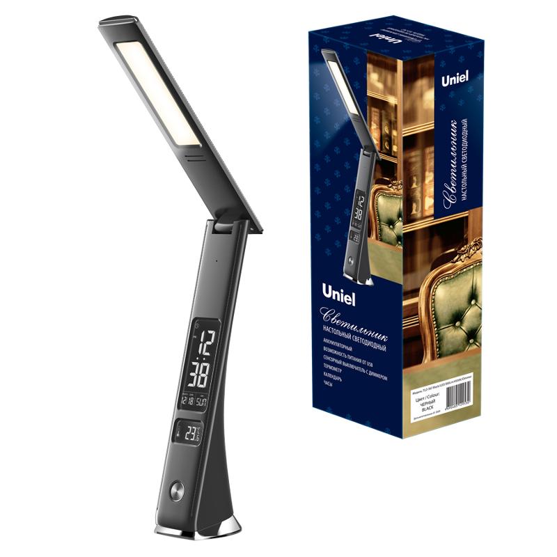 Светильник настольный TLD-567 Black/LED/300Lm/4500K/Dimmer c часами календарем Т 6W акк 2000mAh сенсор диммер черн