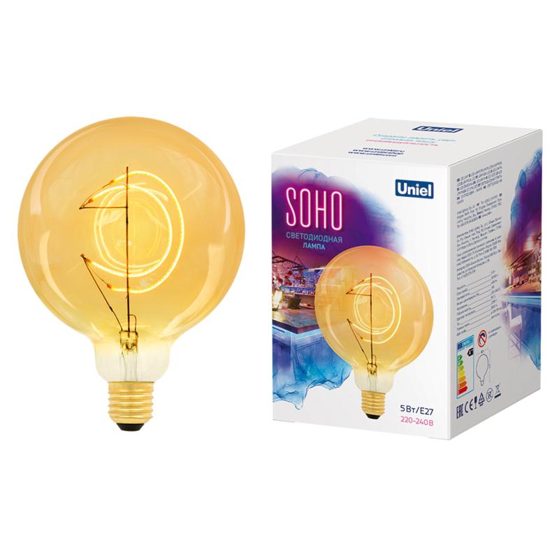 LED-SF02-5W-SOHO-E27-CW GOLDEN GLS77GO Лампа светодиодная SOHO. Золотистая колба. Филамент в форме месяца. Картон. ТМ Uniel