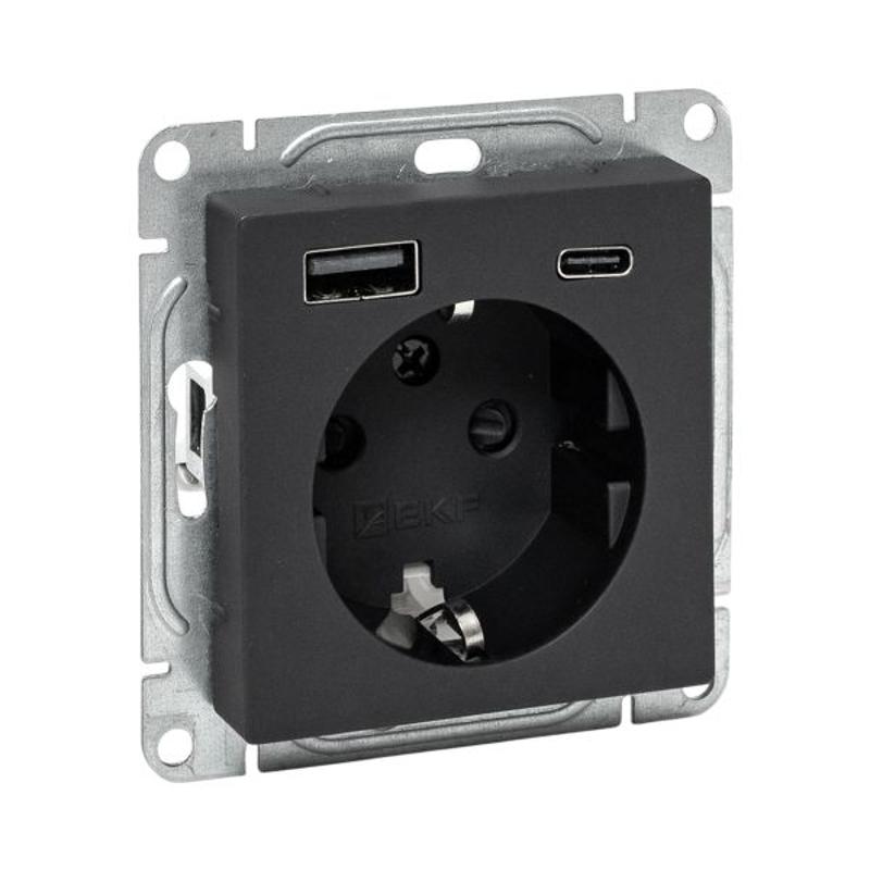 Механизм розетки с USB-A+С - 2шт, 16А, с заземлением, со шторками, чёрный Эпика EKF