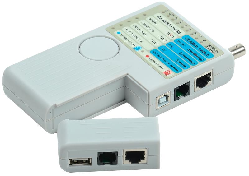 Тестер для витой пары 4в1 RJ45/RJ11/BNC/USB с элем. пит.