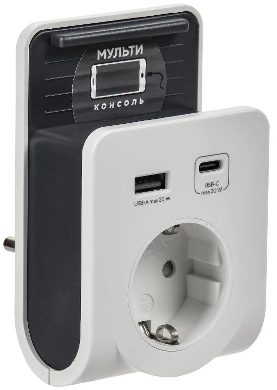 Адаптер Т-03/01 1 место 2P+PE 16А 2хUSB A+C 20Вт бел.