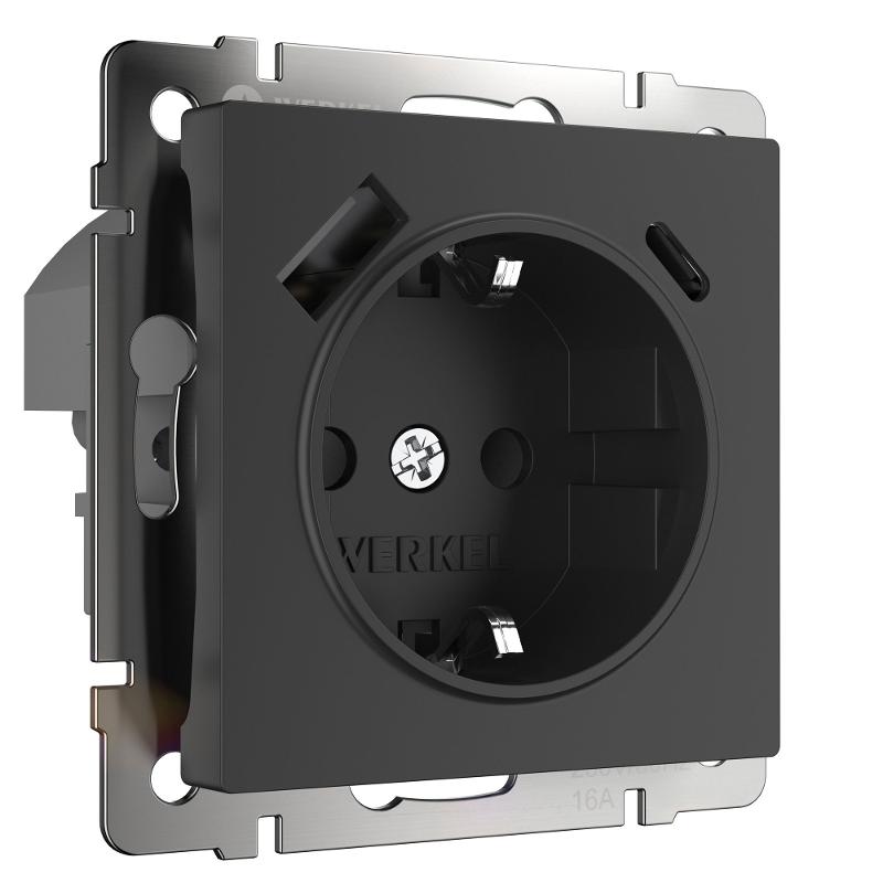 Розетка с заземлением, шторками и USB тип A+C (черный)W1171708