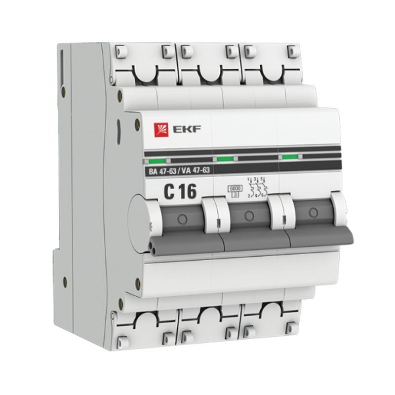 Выключатель автоматический трехполюсный ВА 47-63 16А C 6кА PROxima