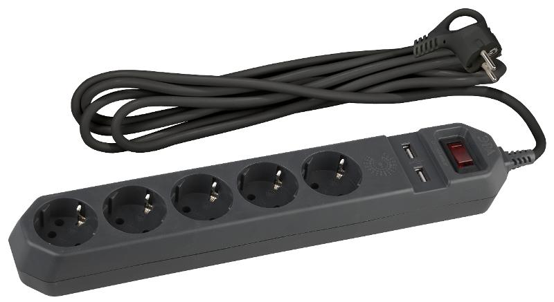 Сетевой фильтр USF-5es-1.5m-USB-B   (черный) с заземл, 3x0,75мм2, с выкл, 5гн+2USB, 1.5м (20/600)