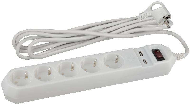 Сетевой фильтр USF-5es-1.5m-USB-W   (белый) с заземл, 3x0,75мм2, с выкл, 5гн+2USB, 1.5м (20/600)