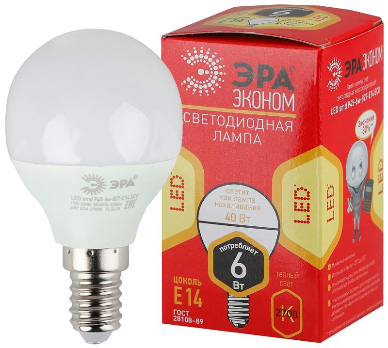 Лампа cветодиодная ECO LED P45-6W-827-E14 (диод, шар, 6Вт, тепл, E14) (10/100/4000)