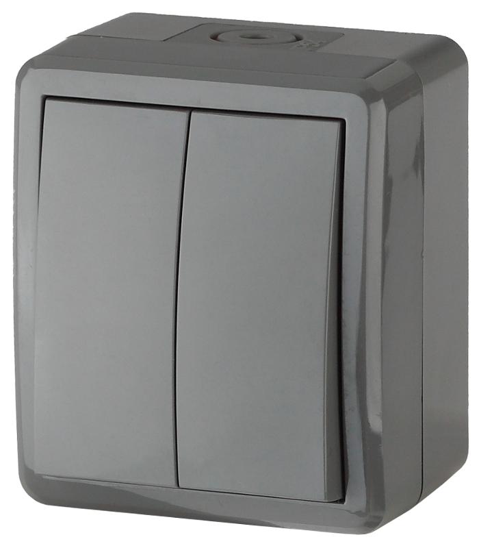 Выключатель 2-клавишный IP54, 10АХ-250В, 11-1404-03, ОУ, Эксперт, Серый