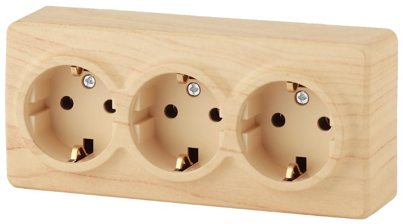 Розетка 11-2208-11  3х2P+E Schuko, 16АХ-250В, ОУ, Эксперт, Сосна