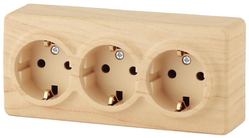 Розетка 11-2209-11  3х2P+E Schuko со шторками, 16АХ-250В, ОУ, Эксперт, Сосна