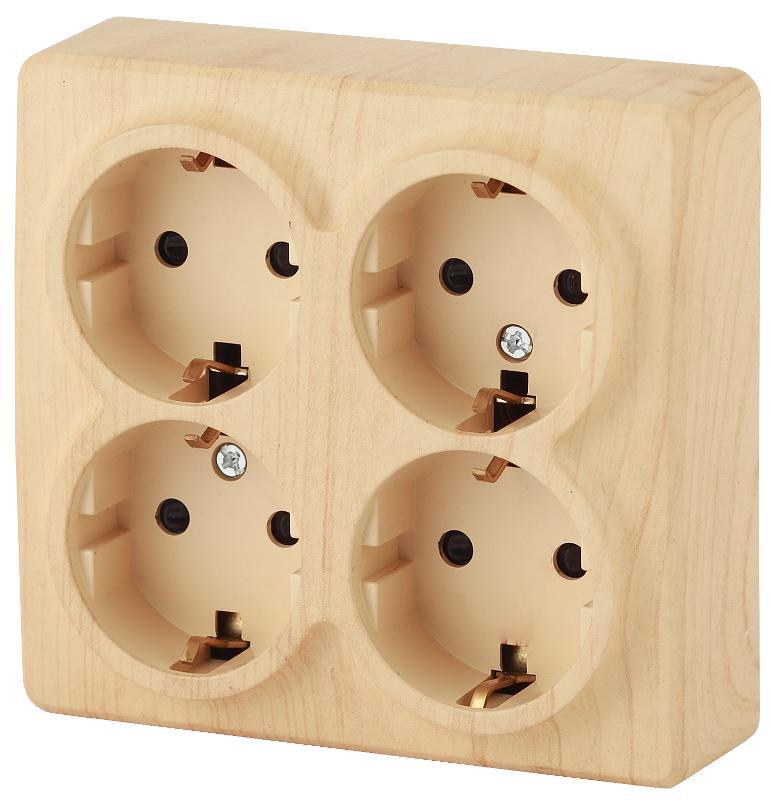 Розетка 11-2211-11  4х2P+E Schuko со шторками, 16АХ-250В, ОУ, Эксперт, Сосна