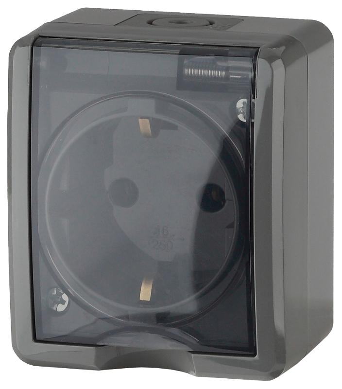 Розетка 11-2402-03  с заземлением IP54, шторки, 16АХ-250В, ОУ, Эксперт, Серый