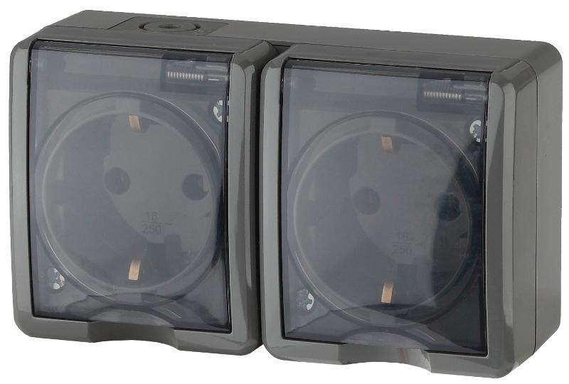 Розетка 11-2404-03  2-ая с заземлением IP54, шторки, 16АХ-250В, ОУ, Эксперт, Серый