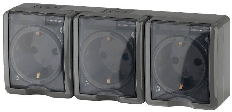 Розетка 3х2P+E IP54, 16АХ-250В, 11-2405-03, ОУ, Эксперт, Серый