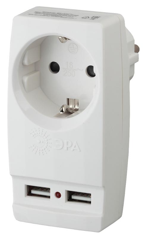 Адаптер SP-1e-USB-W "Polynom" 1гн 220V + 2xUSB 2100mA, c заземл, (белый) (10/60/1440)