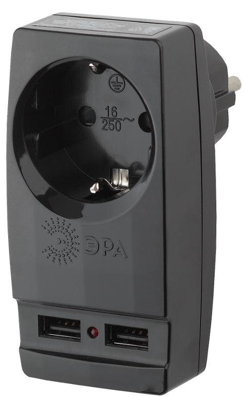Адаптер SP-1e-USB-B "Polynom" 1гн 220V + 2xUSB 2100mA, c заземл, (черный)