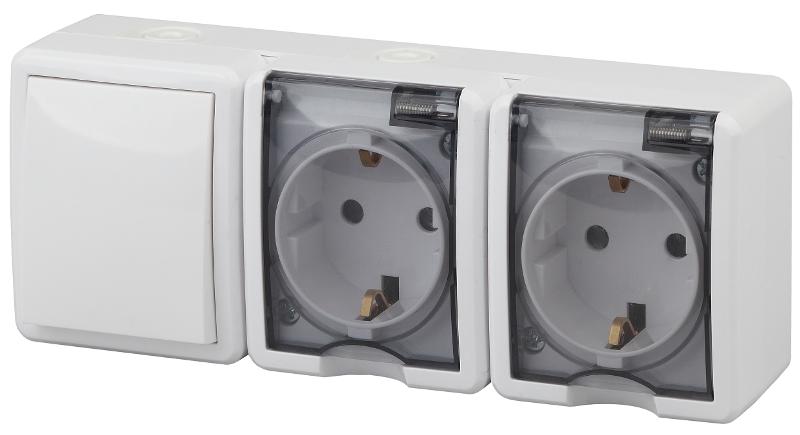 Блок две розетки+выключатель 11-7403-01 IP54, 16АХ(10AX)-250В, ОУ, Эксперт, Белый (5)