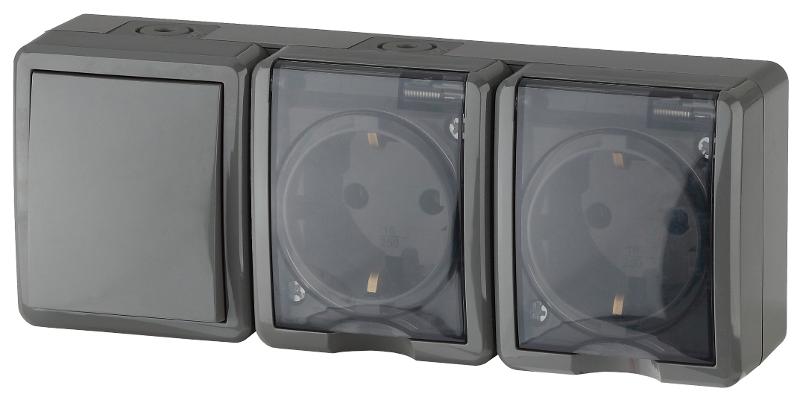 Блок две розетки+выключатель 11-7403-03 IP54, 16АХ(10AX)-250В, ОУ, Эксперт, Серый (5)
