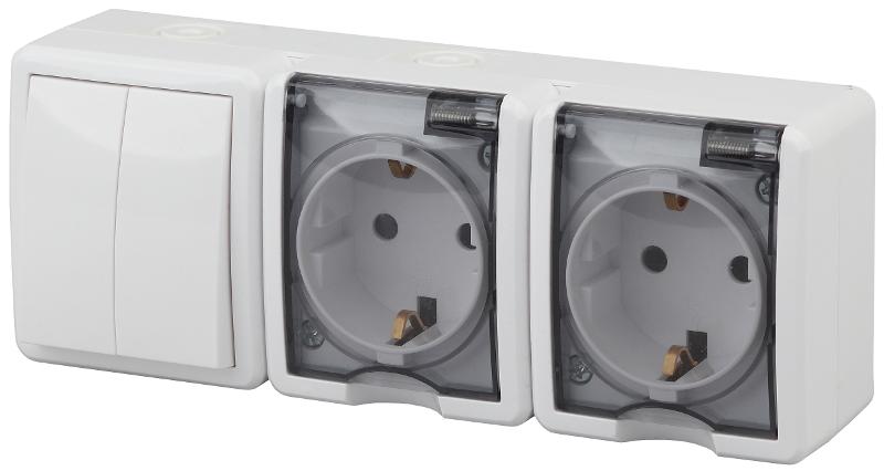 Блок две розетки+Выключатель 2-клавишный 11-7404-01 IP54, 16АХ(10AX)-250В, ОУ, Эксперт, Белый (5