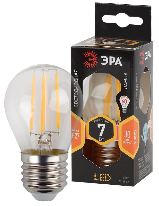 Лампа светодиодная F-LED P45-7W-827-E27 Лампы СВЕТОДИОДНЫЕ F-LED ЭРА (филамент, шар, 7Вт, тепл, E27)
