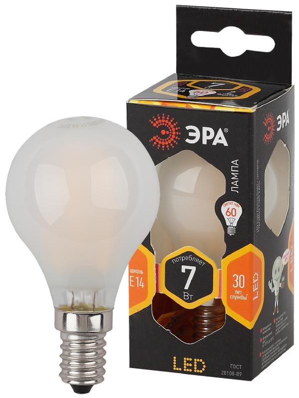 Лампа светодиодная F-LED P45-7W-827-E14 frost Лампы СВЕТОДИОДНЫЕ F-LED ЭРА (филамент, шар мат., 7Вт, тепл, E14)