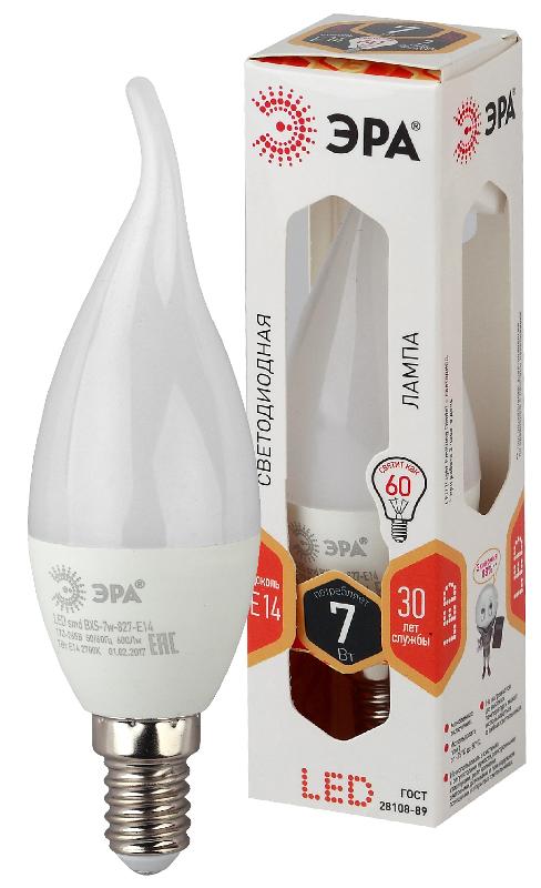 Лампа светодиодная LED BXS-7W-827-E14 Лампы СВЕТОДИОДНЫЕ СТАНДАРТ ЭРА (диод, свеча на ветру, 7Вт, тепл, E14)