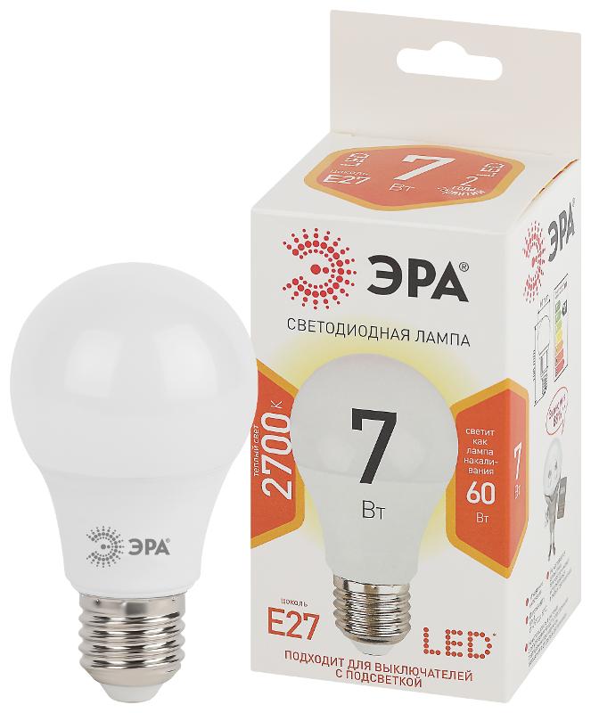 Лампа светодиодная LED A60-7W-827-E27 Лампы СВЕТОДИОДНЫЕ СТАНДАРТ ЭРА (диод, груша, 7Вт, тепл, E27)