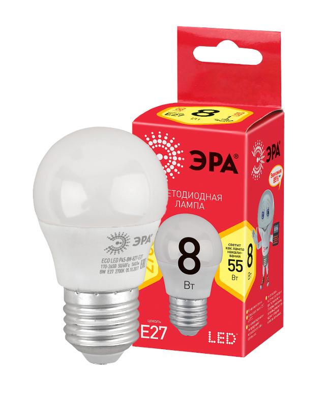 Лампа cветодиодная ECO LED P45-8W-827-E27 (диод, шар, 8Вт, тепл, E27) (10/100/3600)