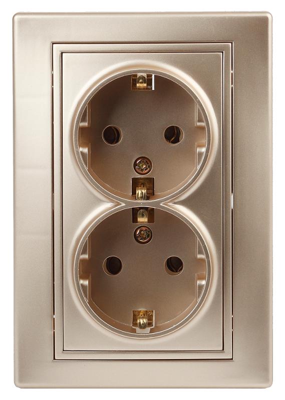 1-205-04 Intro Розетка 2X2P+E Schuko, 16А-250В, IP20, СУ, Plano, шампань