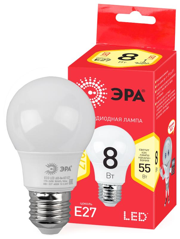 Лампа светодиодная ECO LED A55-8W-827-E27 Лампы СВЕТОДИОДНЫЕ ЭКО ЭРА (диод, груша, 8Вт, тепл, E27)