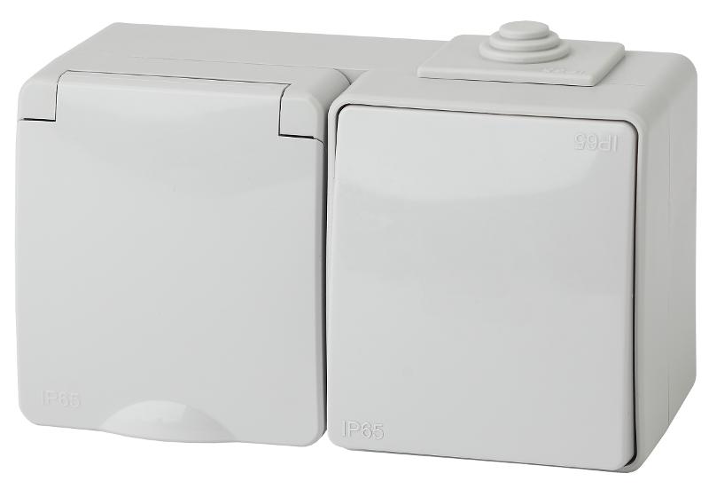 Блок розетка+выключатель горизонтальный IP65, 16A(10AX)-250В, ОУ, 11-7601-03 Эра Эксперт, Серый