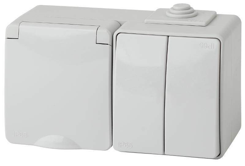 Блок розетка+выключатель 2-клавишный горизонтальный IP65, 16A(10AX)-250В, ОУ,11-7602-03 Эра Эксперт, Серый