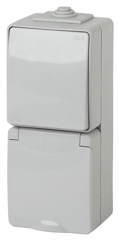 Блок розетка+выключатель вертикальный IP65, 16A(10AX)-250В, ОУ, 11-7607-03 Эра Эксперт, Серый
