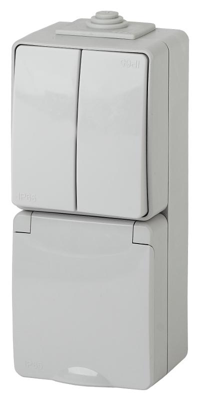Блок розетка+выключатель 2-клавишный вертикальный IP65, 16A(10AX)-250В, ОУ, 11-7608-03 Эра Эксперт, Серый