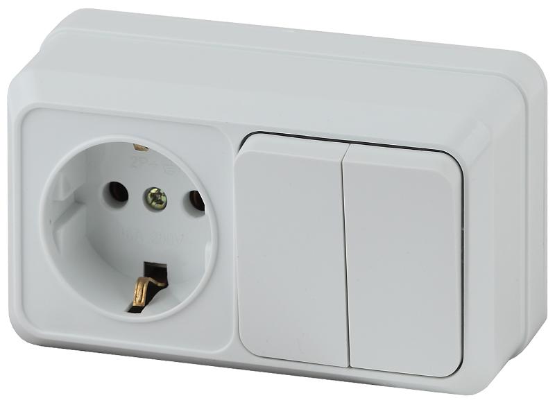 2-702-01 Intro Блок розетка+выкл. двойной гориз. 10(16)А-250В, IP20, ОУ, Quadro, белый