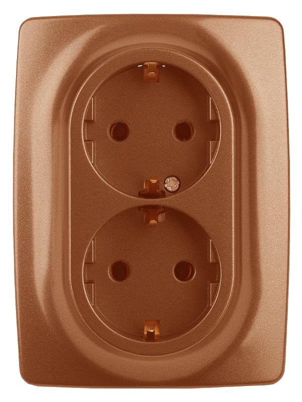 12-2108-14  Розетка 2-ая с заземлением со шторками, 16A-250В, IP20, Эра12, медь