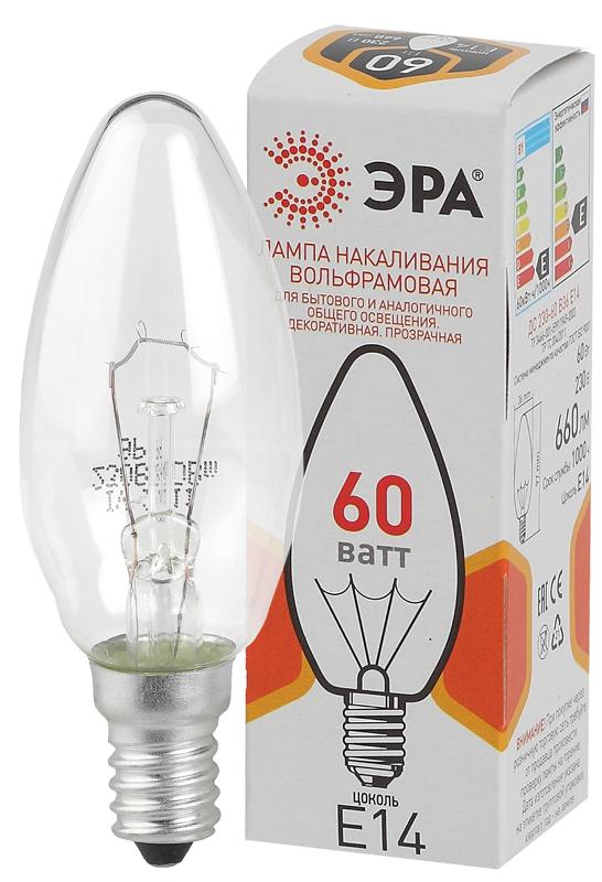 Лампа накаливания ЛОН ДС 60-230-E14-CL  (B36) свечка 60Вт 230В E14 цв. упаковка
