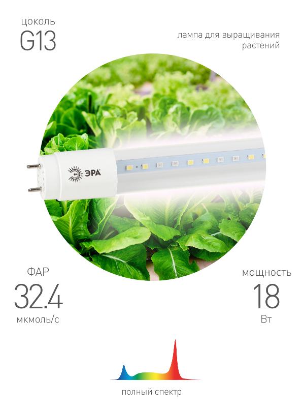 Лампа светодиодная Т8 фито для растений 18Вт G13 белый спектр ЭРА FITO-18W-Ra90-Т8-G13-NL
