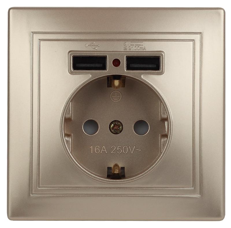 1-410-04 Intro Розетка+USB, IP20, СУ, Plano, шампань