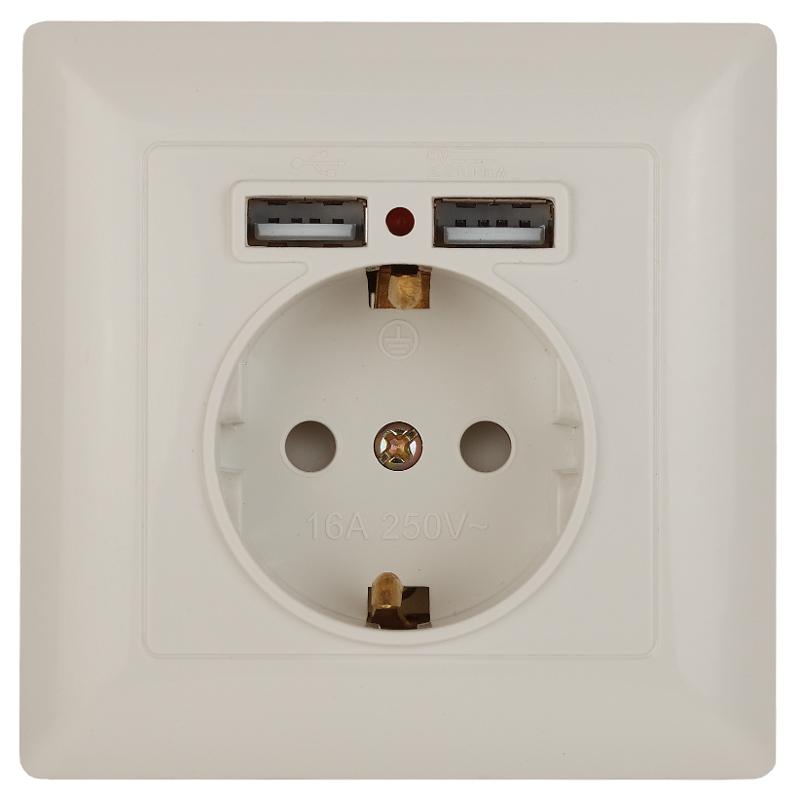 4-410-02 Intro Розетка P+E Schuko со шторками, 16А-250В + 2хUSB, СУ, Solo, слоновая кость
