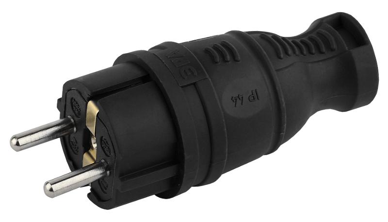 Вилка каучуковая c заземлением 16A IP44 прямая черная V8-B-IP44