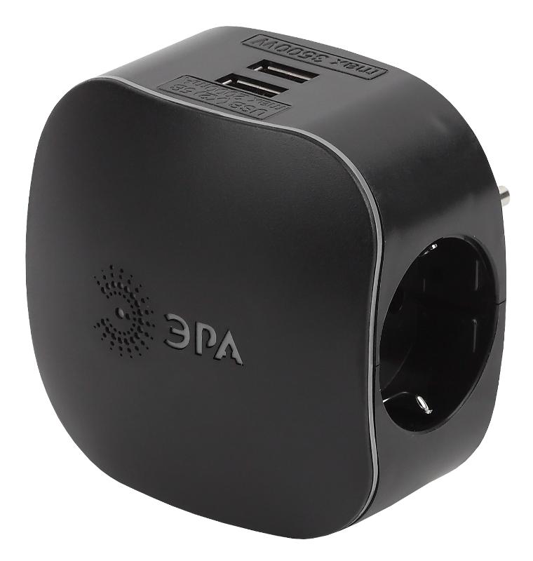Тройник SP-3e-USB-BLACK 3гн 220V + 2xUSB 2100mA, c заземл, со шт (черный)