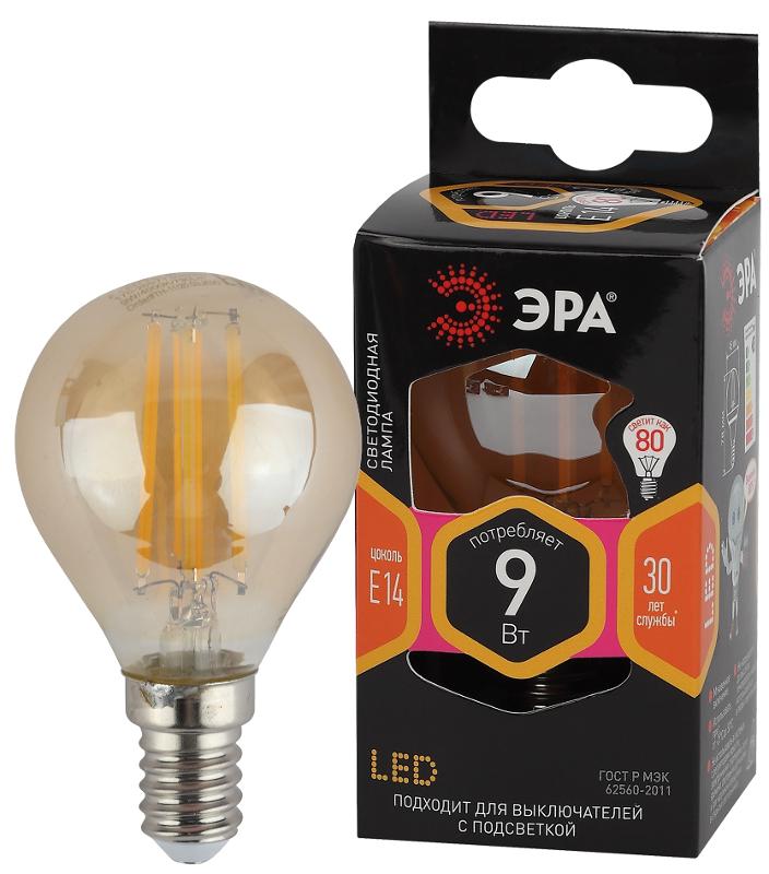 Лампа светодиодная F-LED P45-9W-827-E14 gold (филамент, шар золот, 9Вт, тепл, E14)