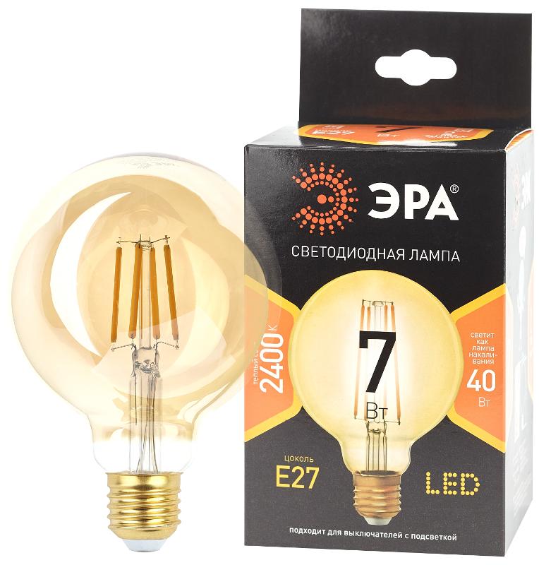 Лампа светодиодная F-LED G95-7W-824-E27 gold (филамент, шар зол, 7Вт, тепл, E27) (20/420)