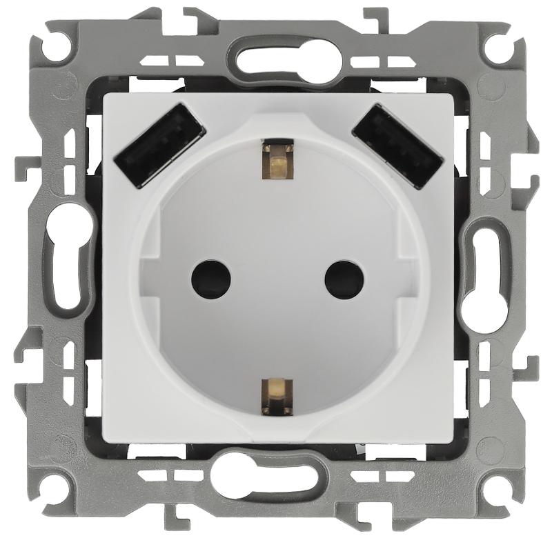12-4109-01 Розетка с заземлением 16A-250В, штор. с 2xUSB 5В-3А, 12, белый