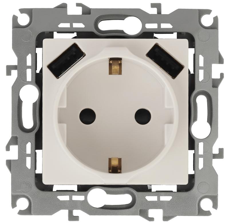 12-4109-02 Розетка с заземлением 16A-250В, штор. с 2xUSB 5В-3А, 12, слоновая кость